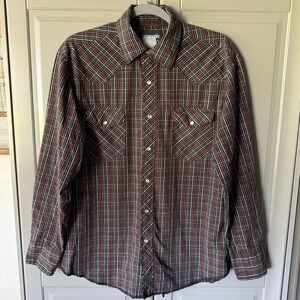 Wrangler Vintage Western Plaid Single Stitch Snap‎ LS Shirt,Black Red, L